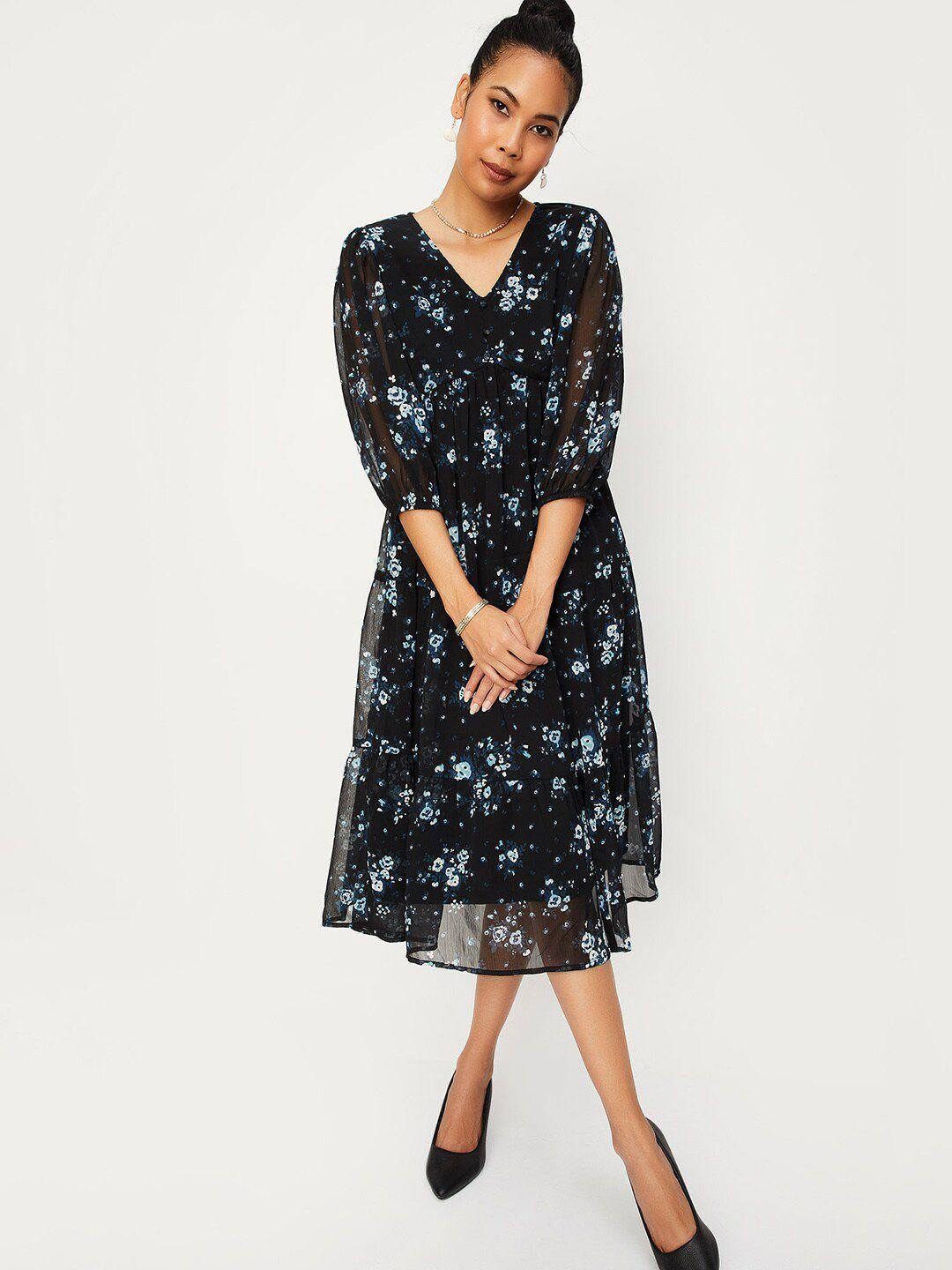 max floral printed puff sleeve a-line dress