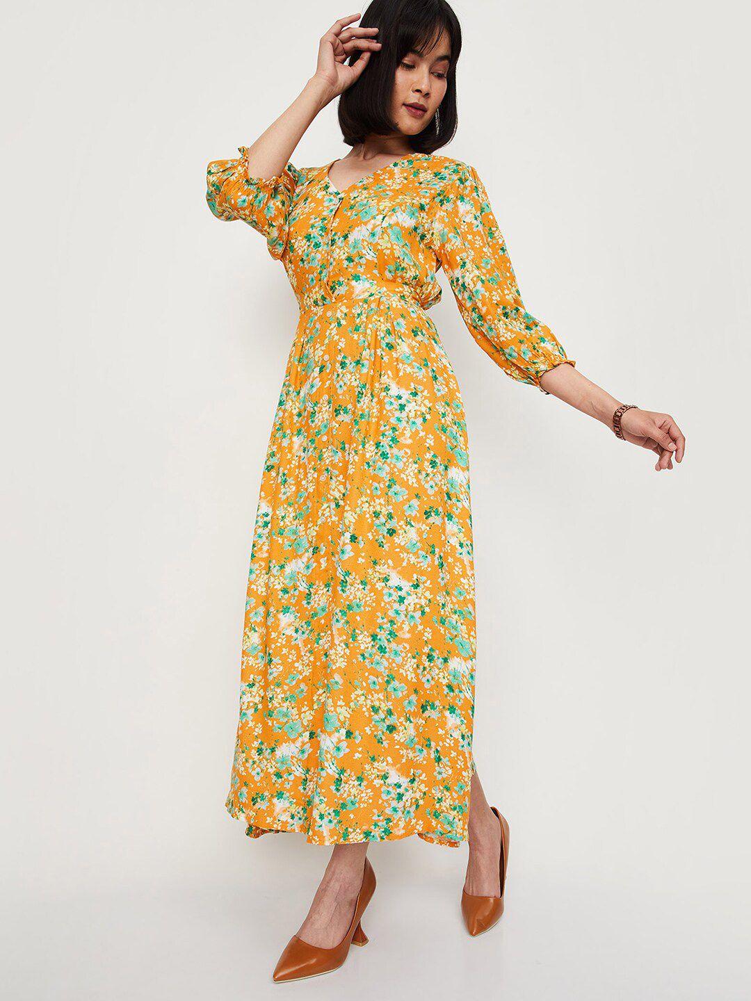 max floral printed puff sleeves tie-up detail v-neck midi fit & flare dress