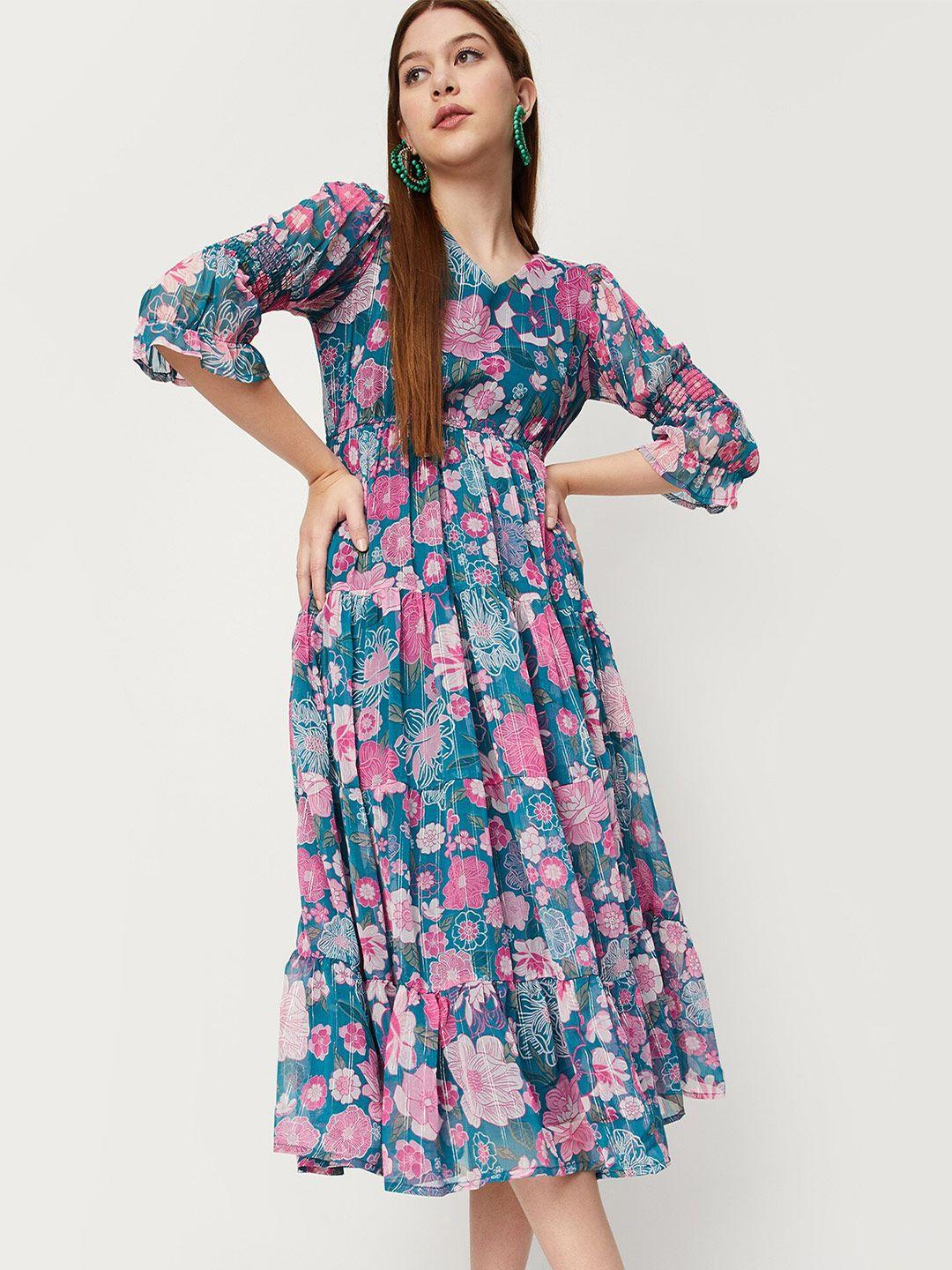 max floral printed puff sleeves tiered midi dress