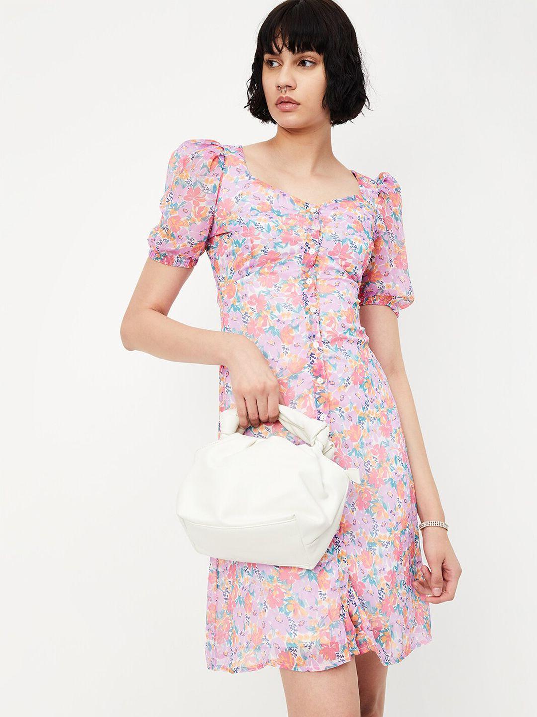 max floral printed sweetheart neck puff sleeve a-line dress