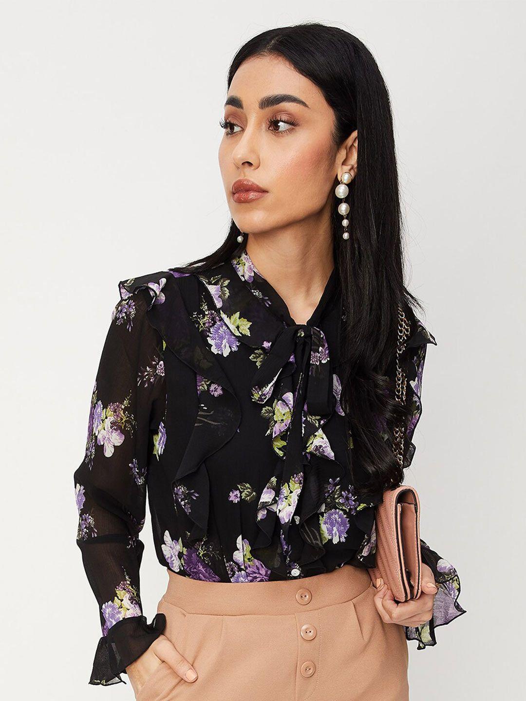max floral printed tie-up neck bell sleeve shirt style top