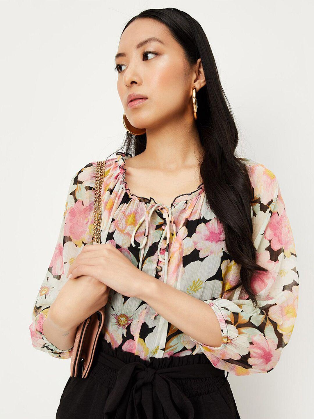 max floral printed tie-up neck puff sleeves top