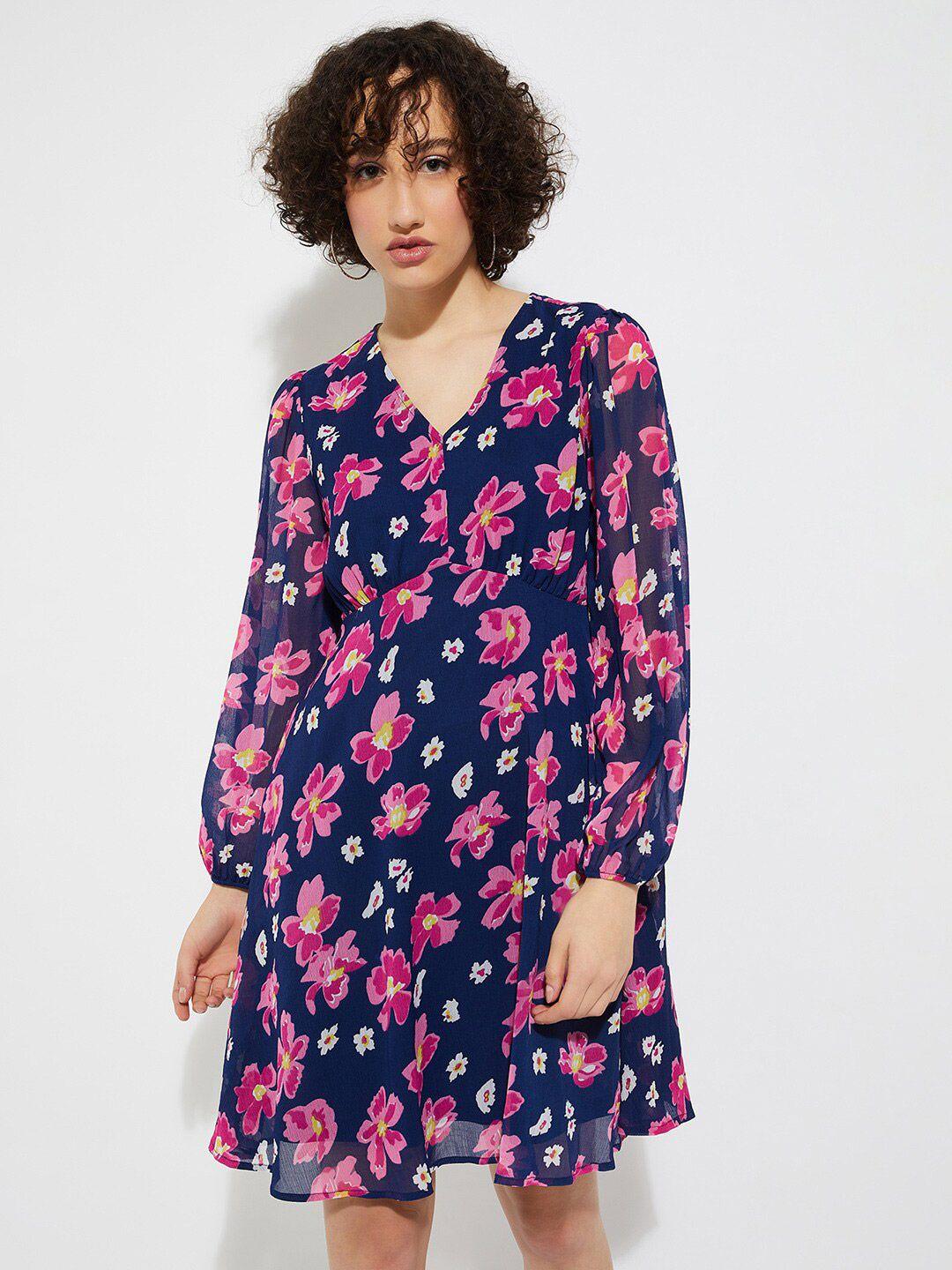max floral printed v-neck puff sleeve a-line dress