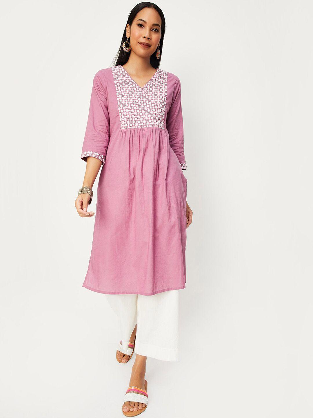 max floral sequinned yoke design round neck cotton angrakha kurta