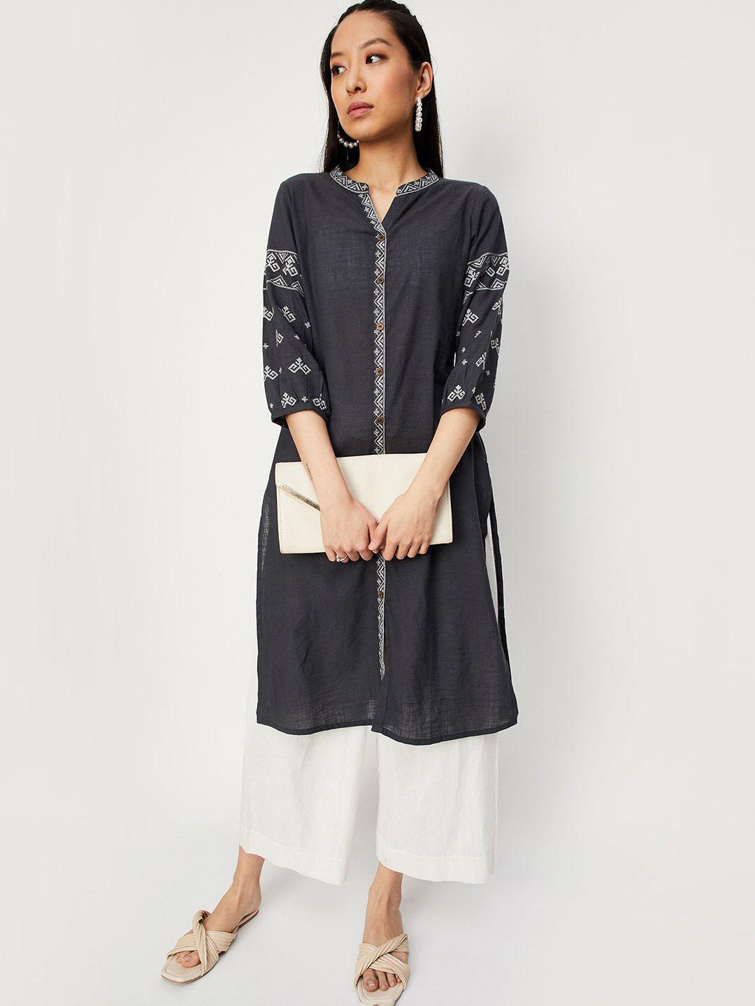 max geometric embroidered a-line cotton kurta