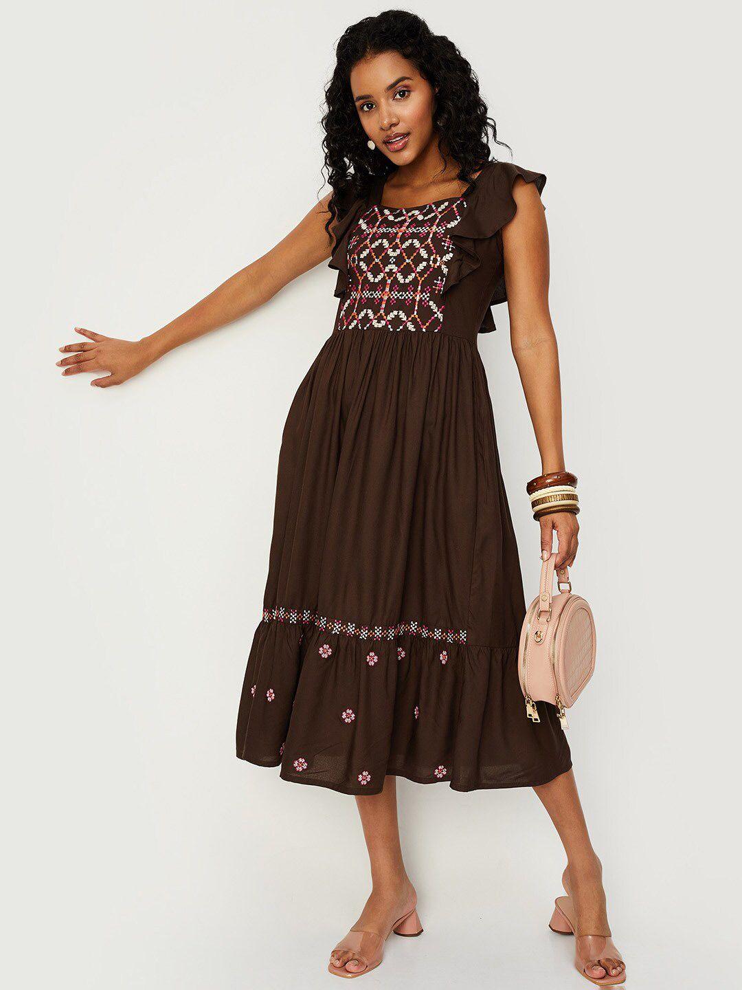 max geometric embroidered flutter sleeve fit & flare dress