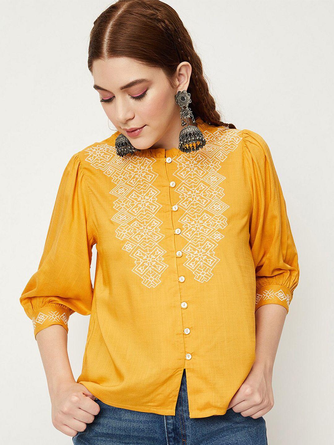 max geometric embroidered puff sleeves top