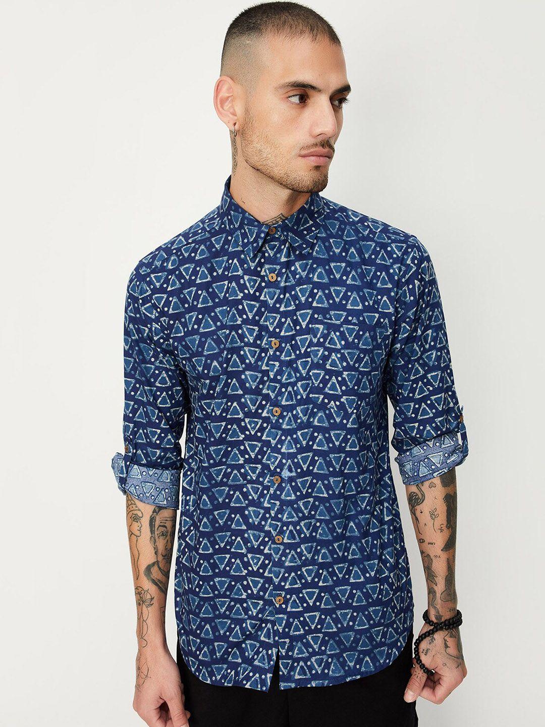max geometric printed band collar roll-up sleeves pocket cotton regular fit shirt