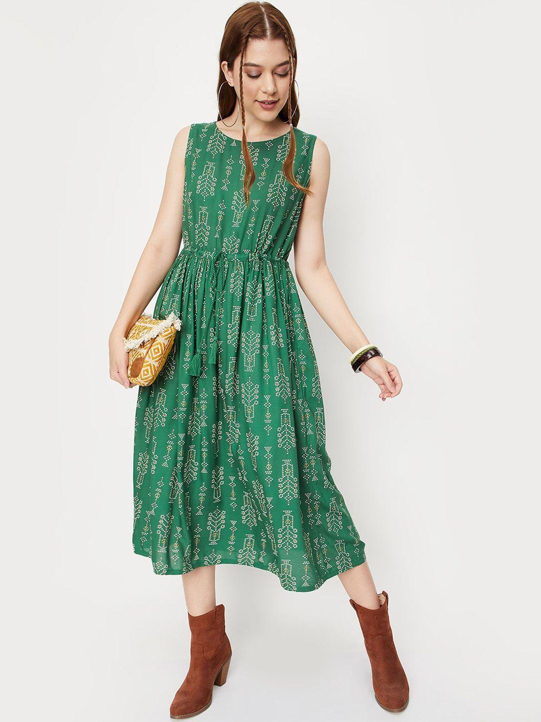 max geometric printed tie-ups fit & flare midi dress