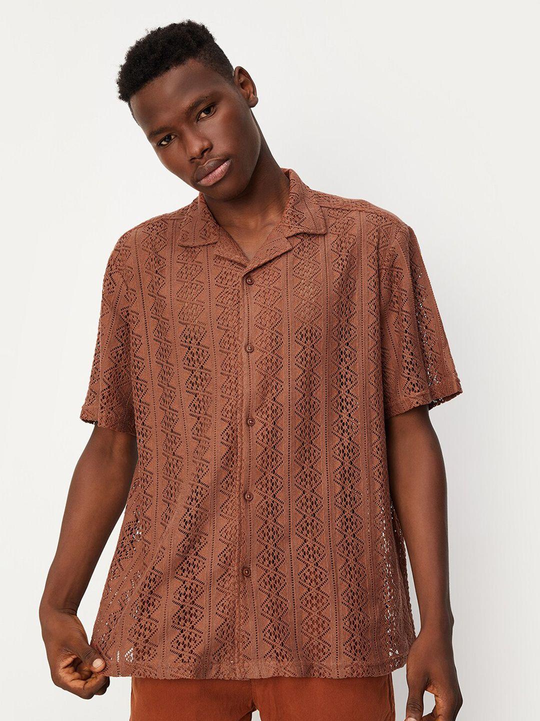 max geometric self design cuban collar cotton casual shirt