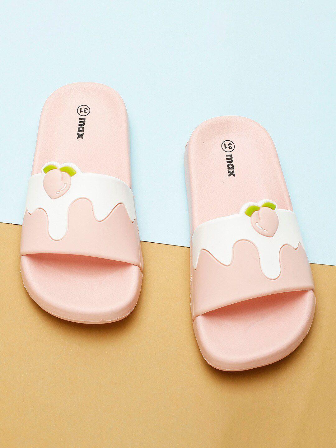 max girls pink & white printed rubber sliders