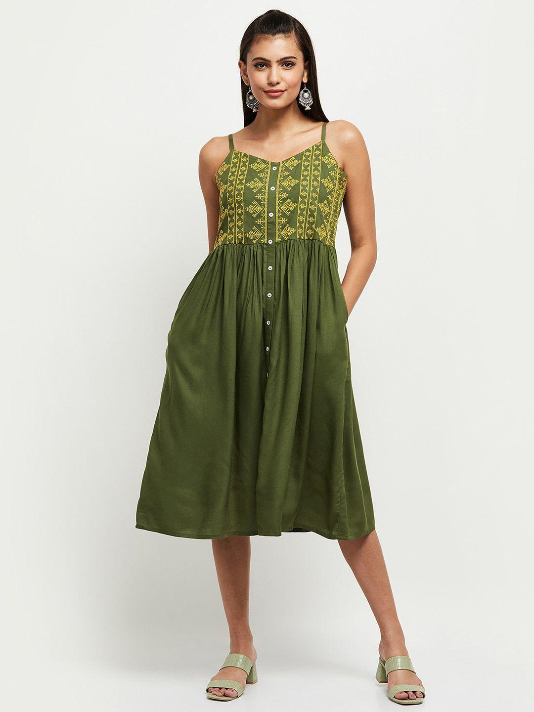 max green & yellow ethnic motifs embroidered a-line dress