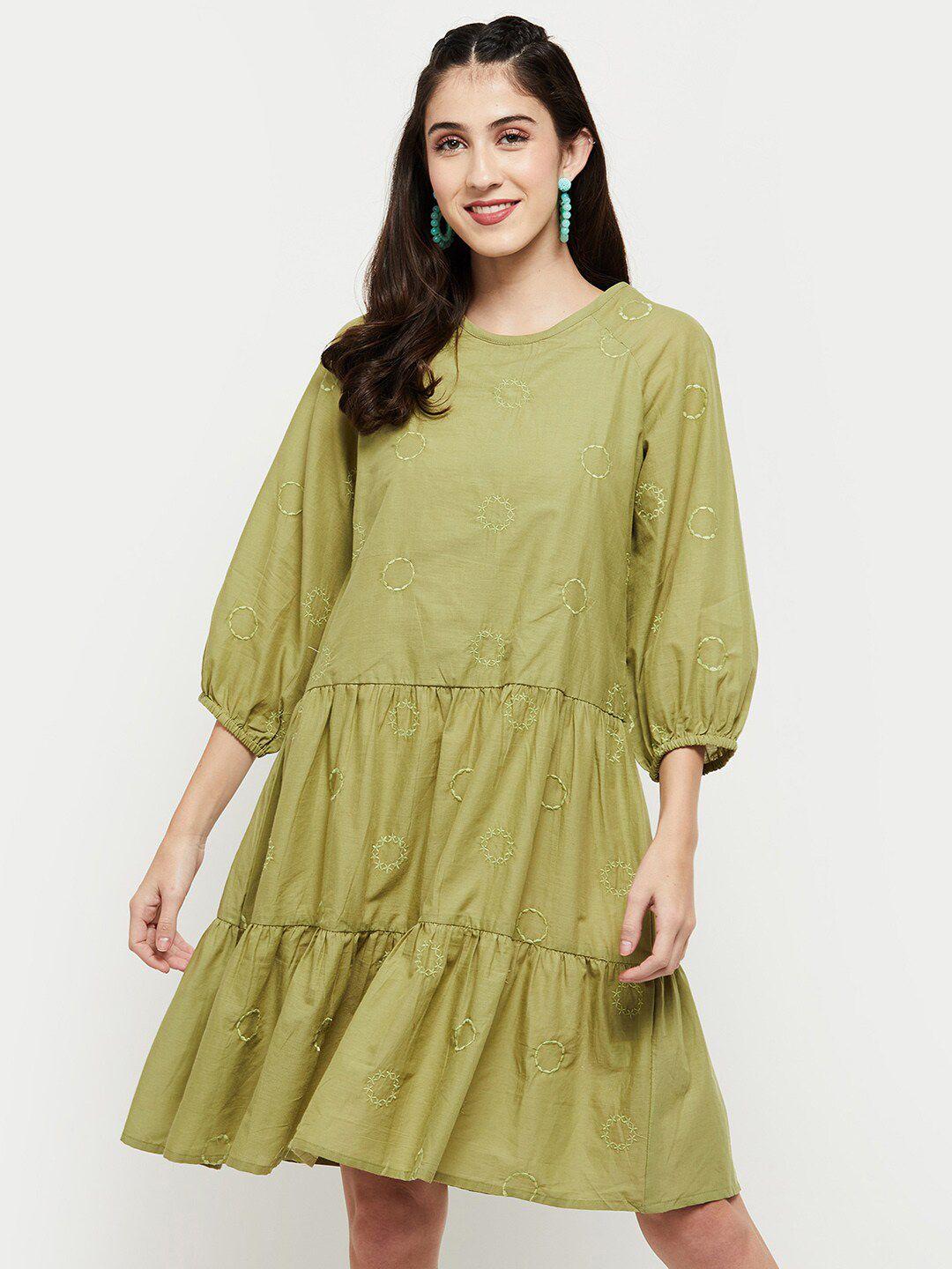 max green geometric embroidered a-line dress