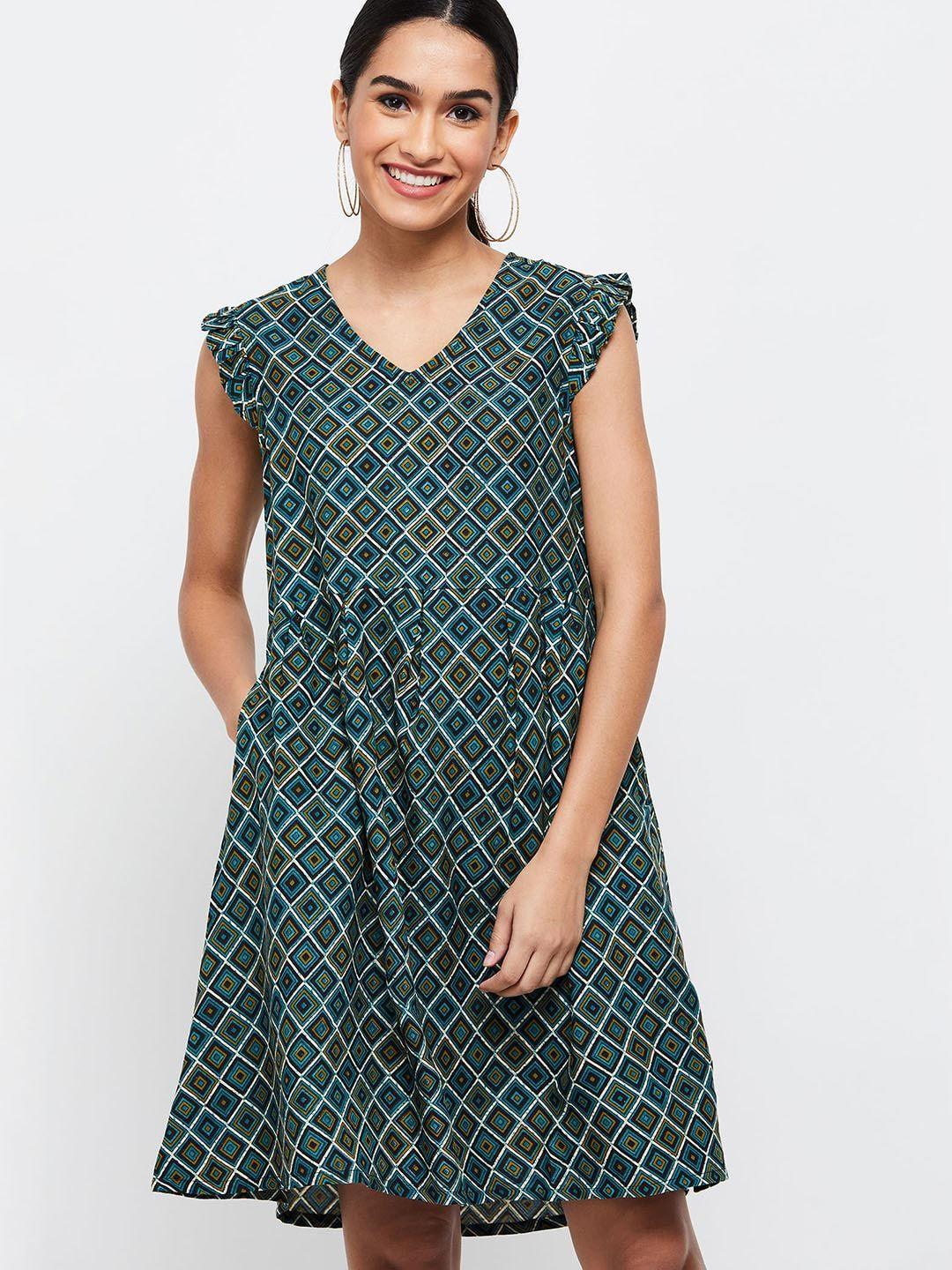 max green geometric printed a-line dress