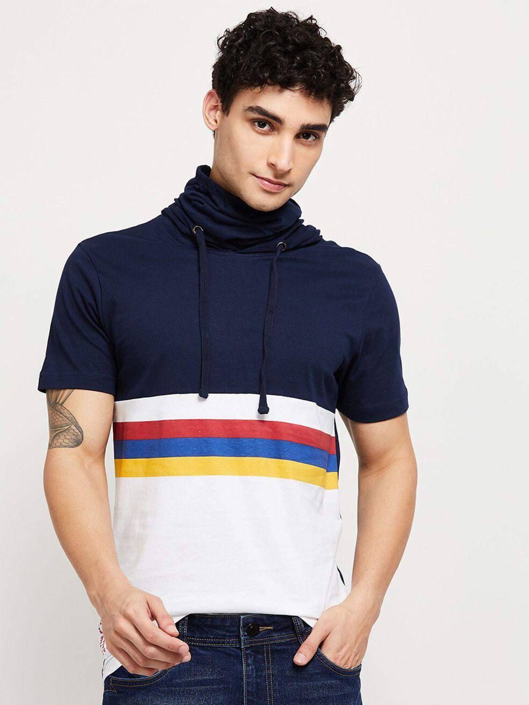 max men blue & white colourblocked hooded t-shirt