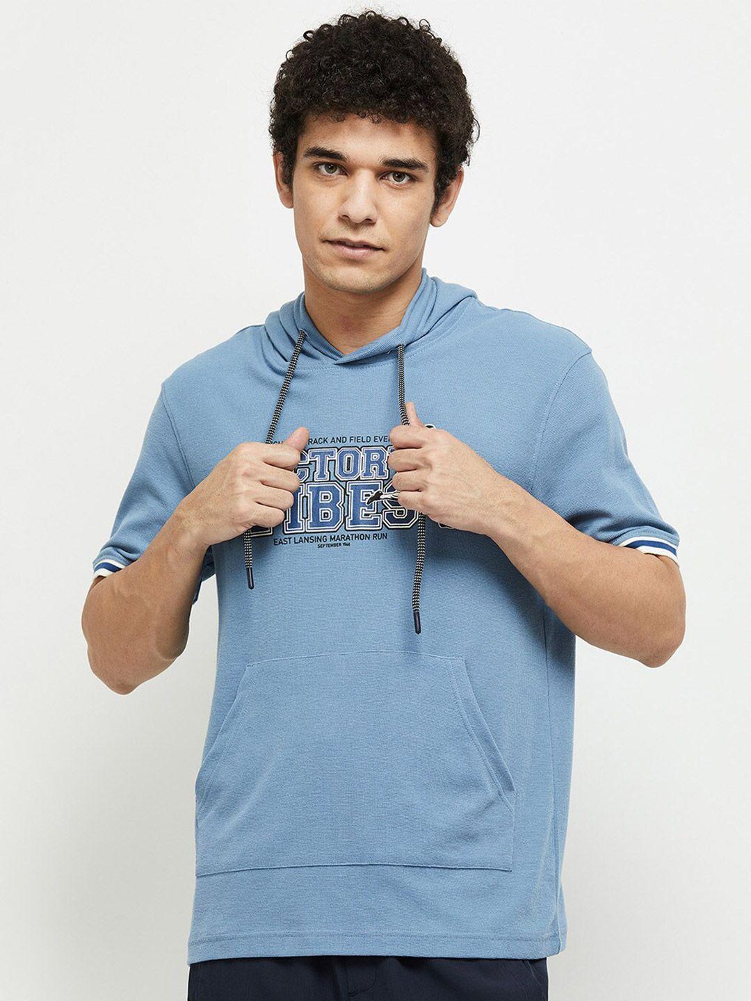 max men blue printed hooded t-shirt