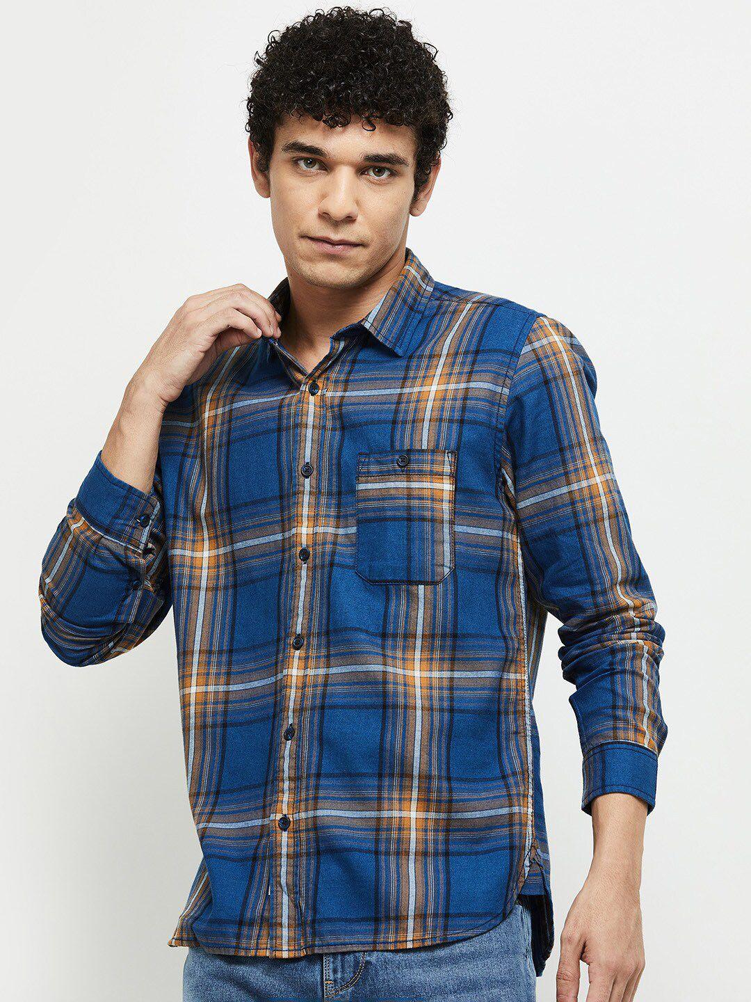 max men blue tartan checked pure cotton casual shirt