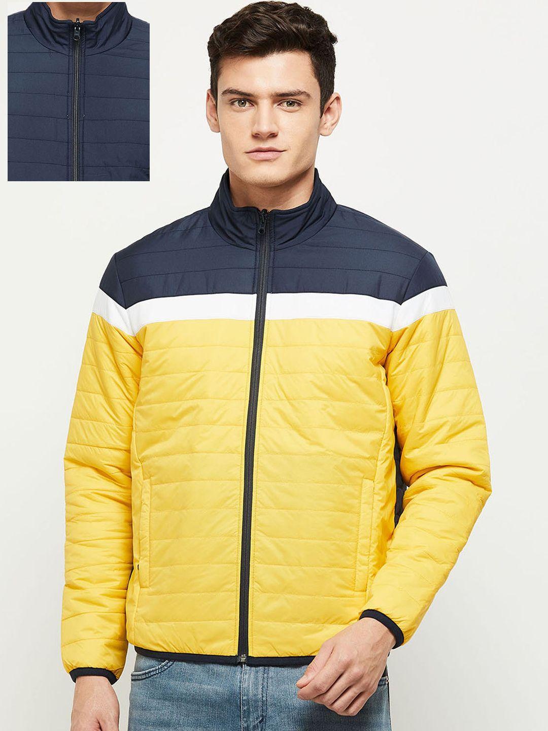 max men blue yellow colourblocked puffer jacket