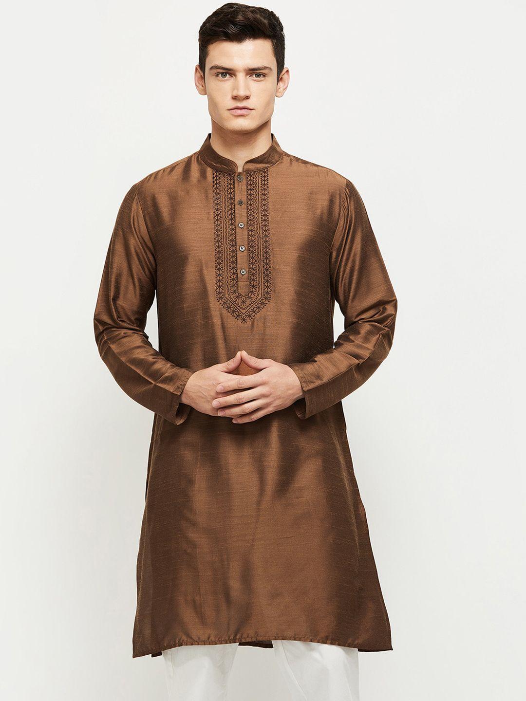 max men brown striped thread work kurta