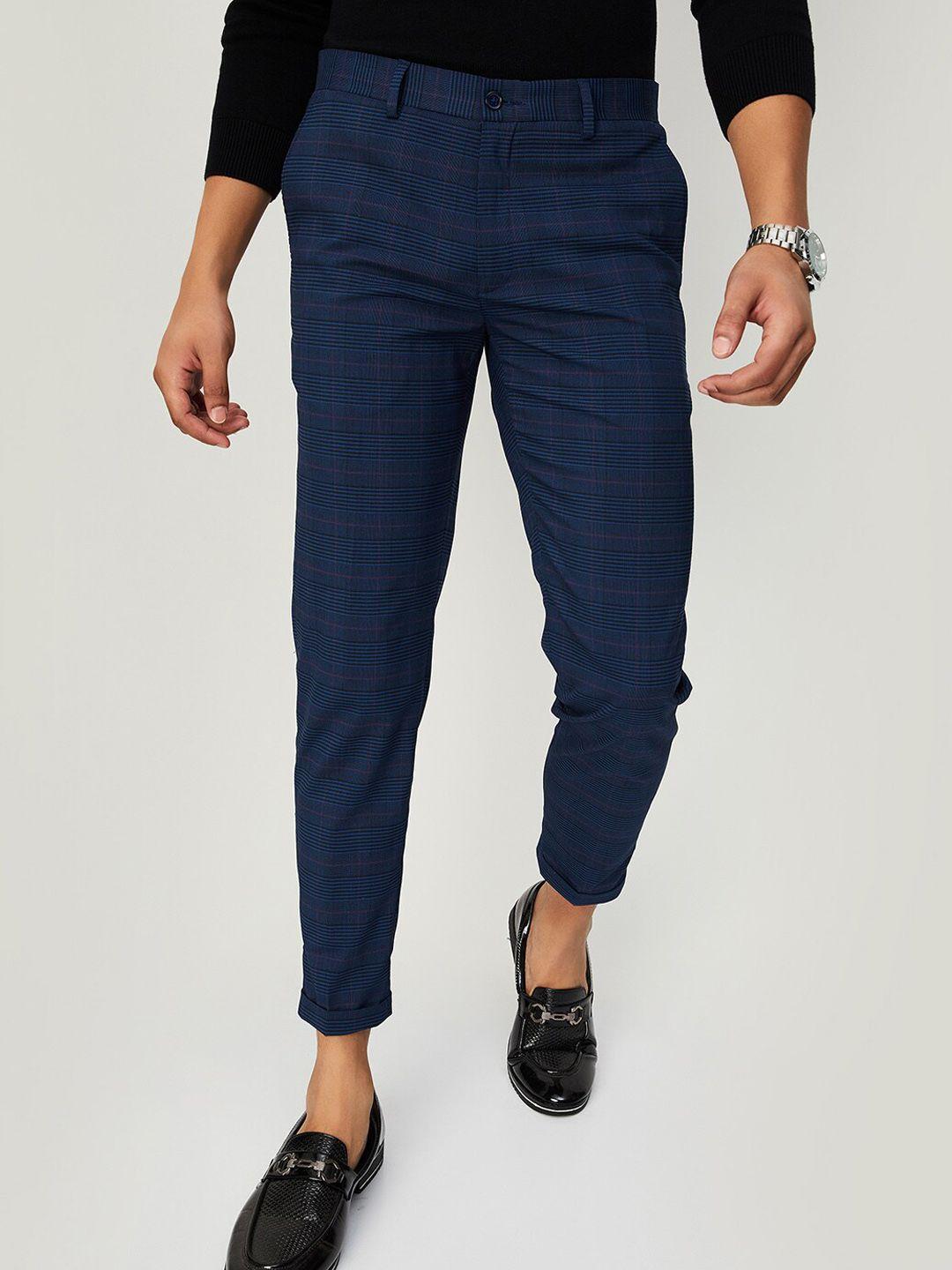 max men checked regular fit mid-rise trousers