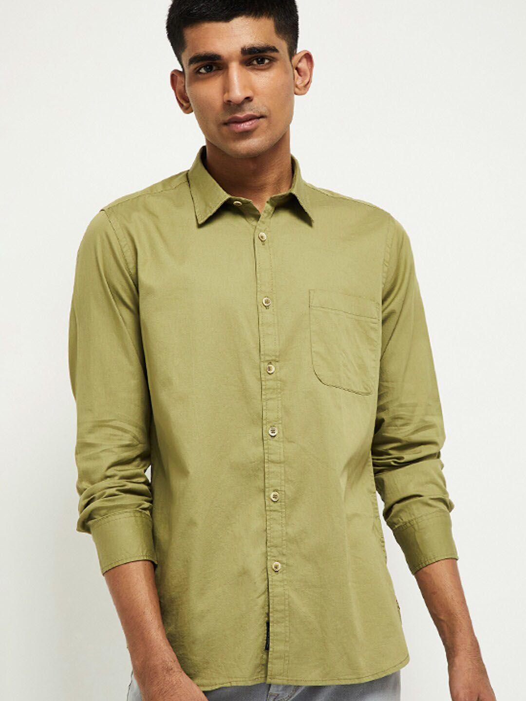 max men green slim fit solid casual shirt