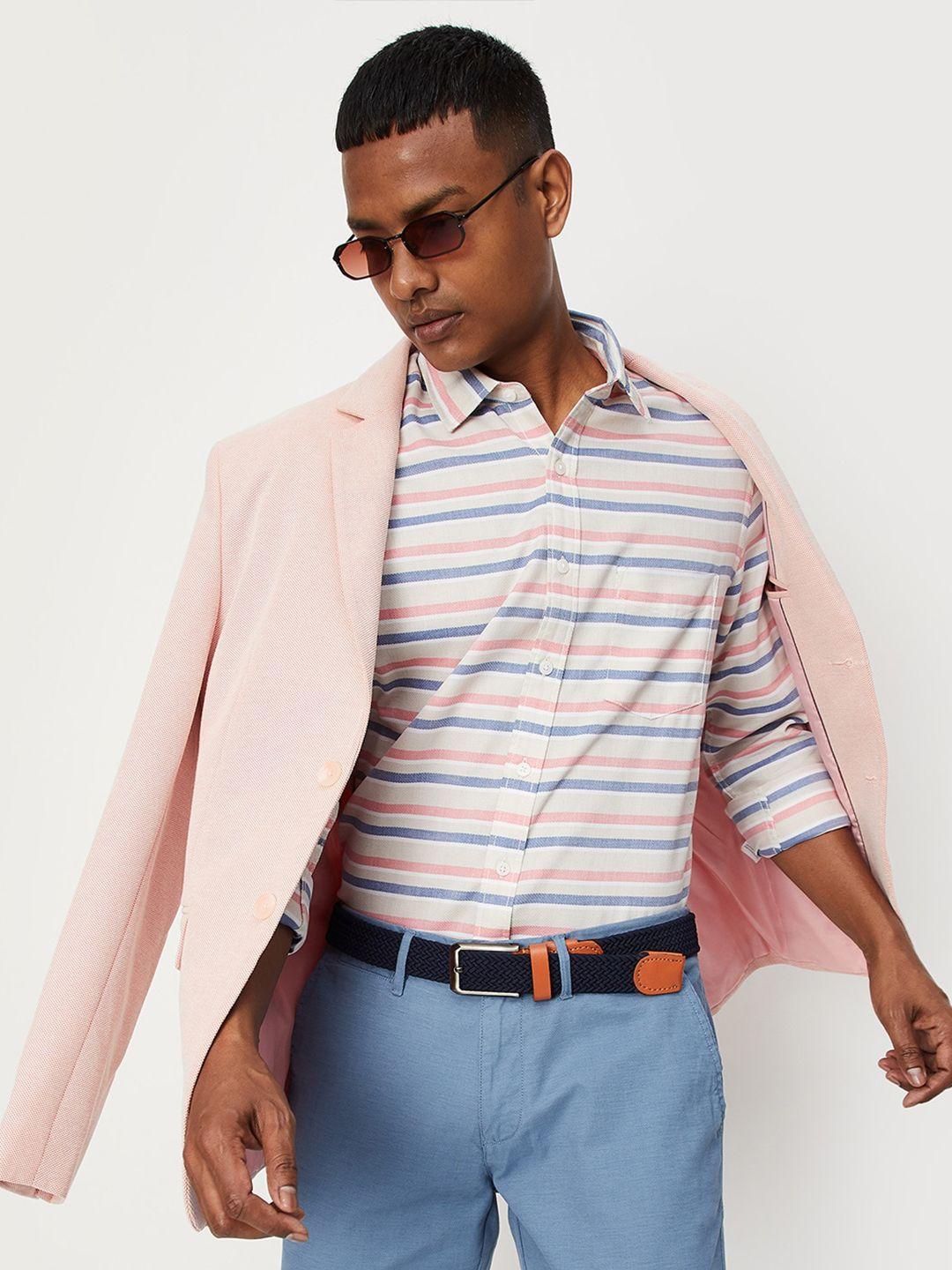 max men horizontal striped spread collar cotton shirt