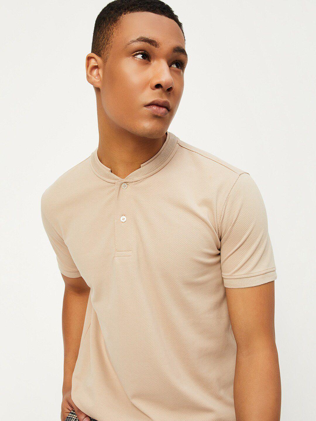 max men khaki mandarin collar pockets t-shirt