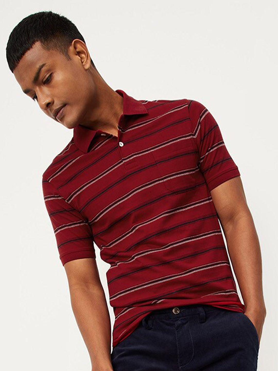 max men maroon striped polo collar cotton t-shirt