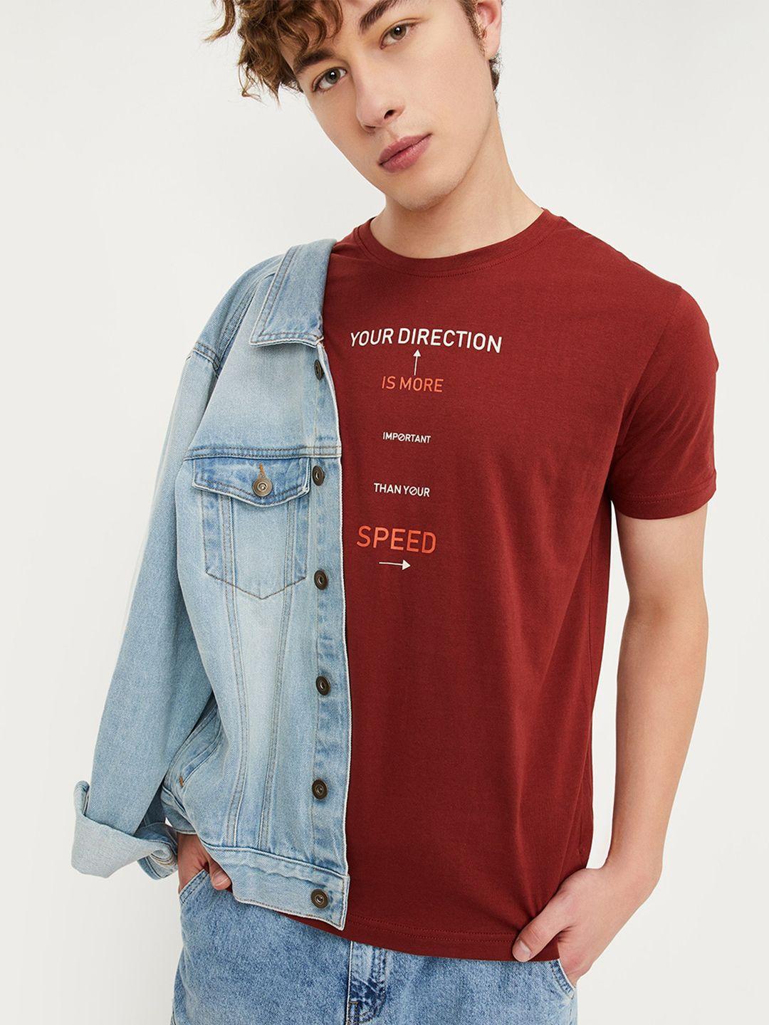 max men maroon typography printed pockets t-shirt