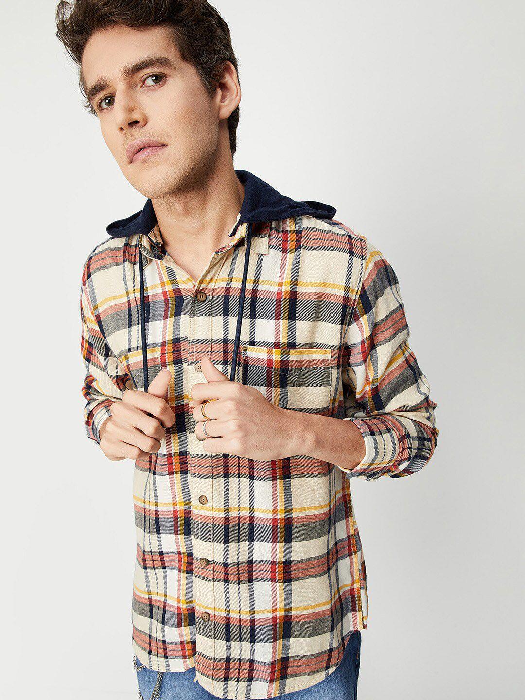 max men tartan checks hooded pure cotton casual shirt