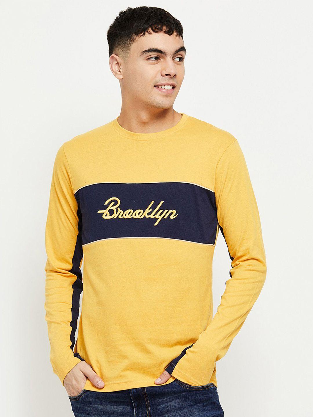 max men yellow & blue typography printed colourblocked t-shirt