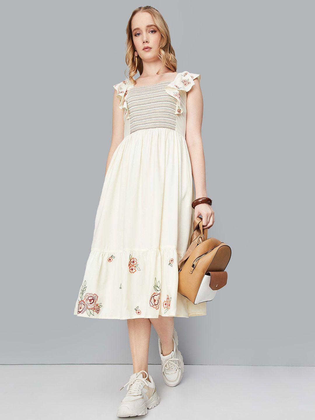 max off white floral embroidered flutter sleeve fit and flare midi dress