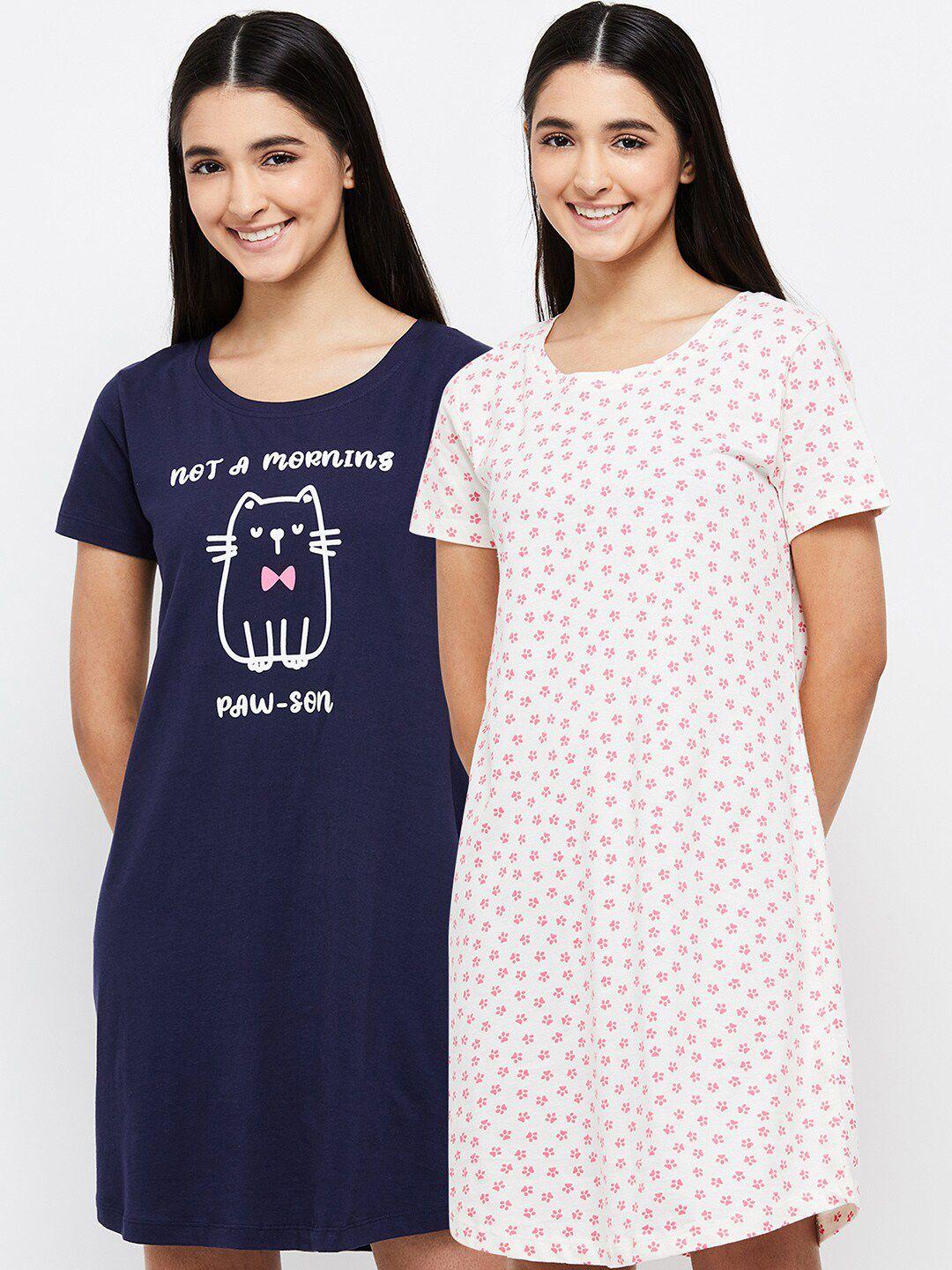 max pack of 2 navy blue & white printed pure cotton t-shirt nightdress