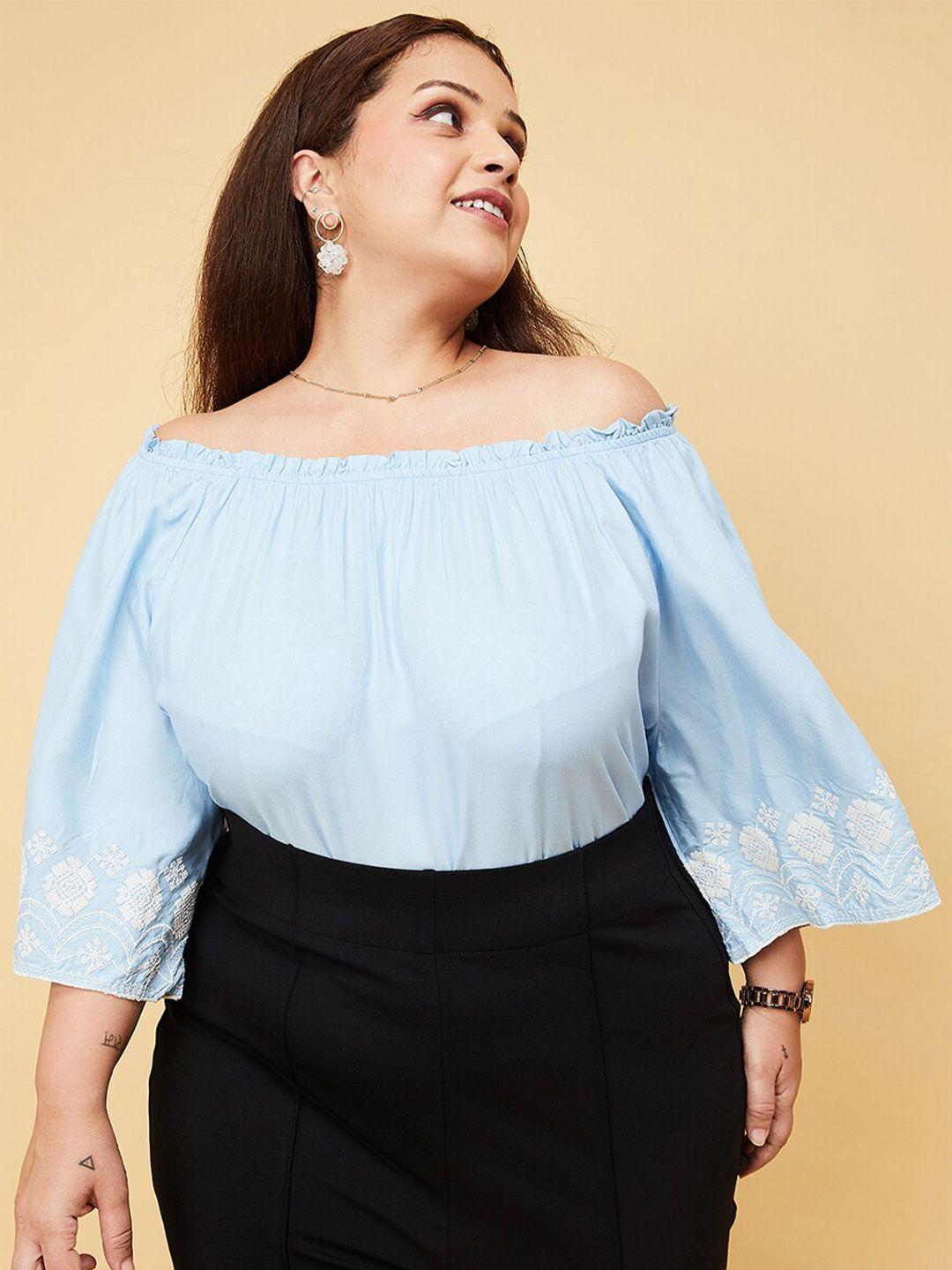 max plus size embroidered flared sleeves bardot top