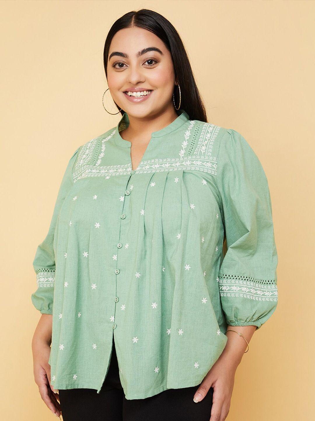 max plus size ethnic motifs embroidered mandarin collar cotton casual shirt