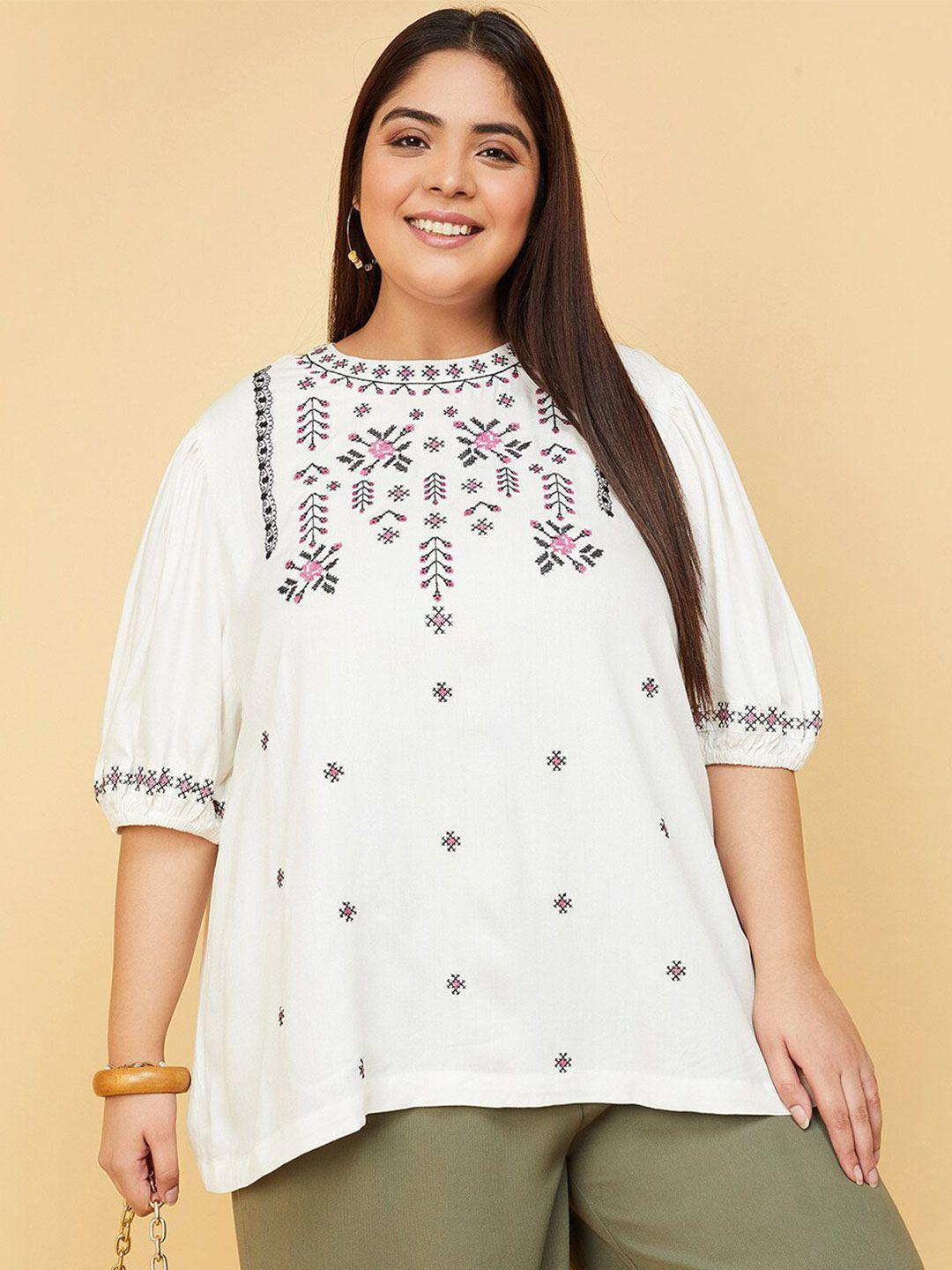 max plus size ethnic motifs printed puff sleeves top