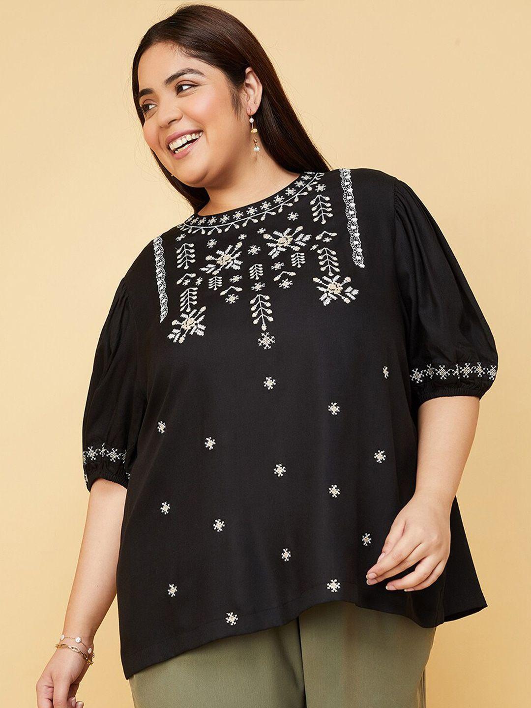 max plus size ethnic motifs printed puff sleeves top