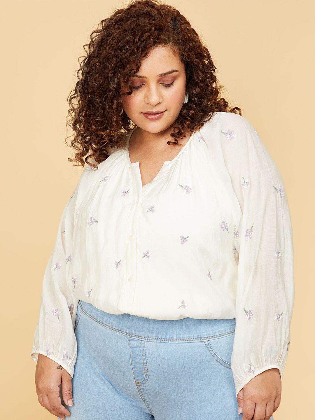 max plus size floral embroidered puff sleeves shirt style top