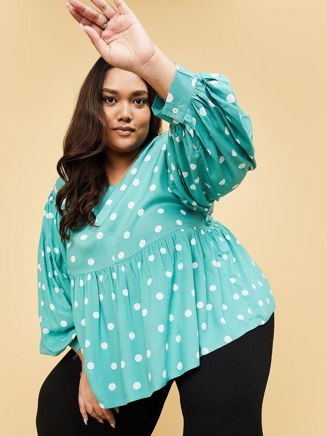 max plus size polka dots printed cuffed sleeves v-neck pleated a-line top