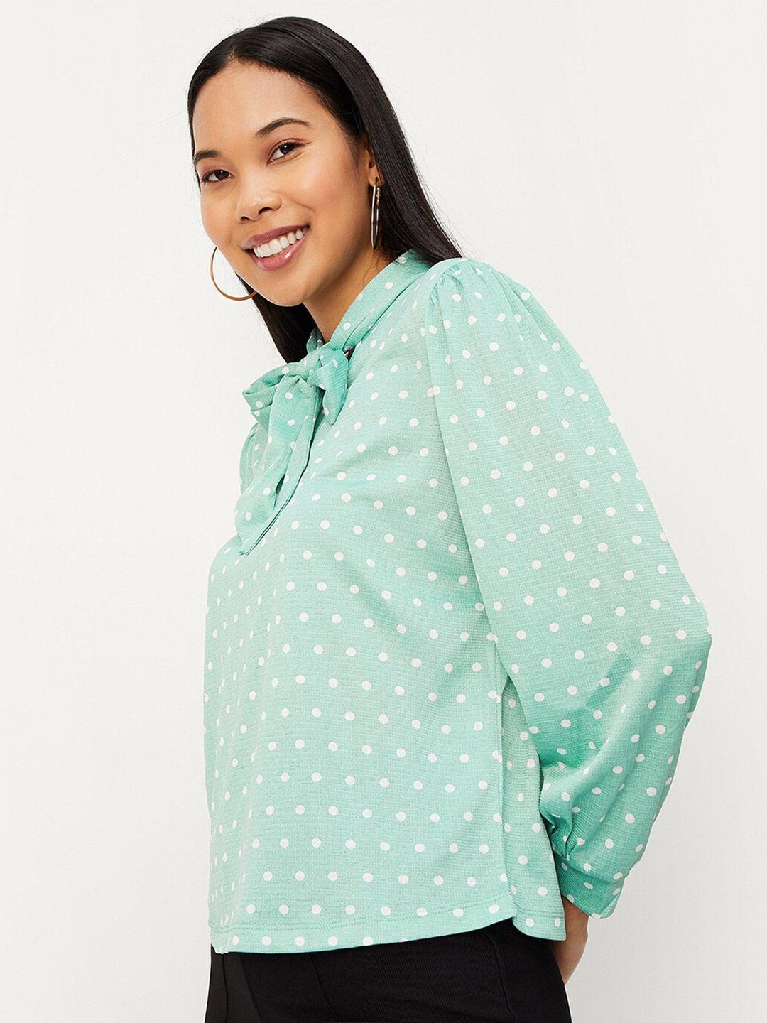 max polka dot printed tie-up neck shirt style top