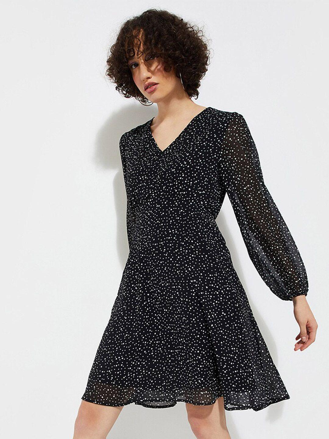 max polka dot printed v-neck puff sleeve a-line dress