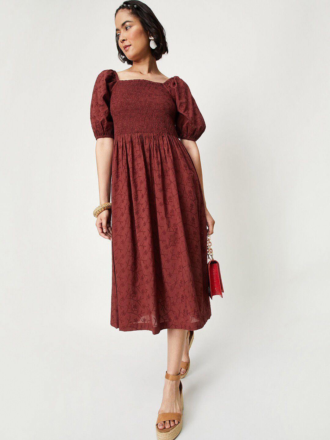 max polka dot puff sleeve fit & flare midi dress