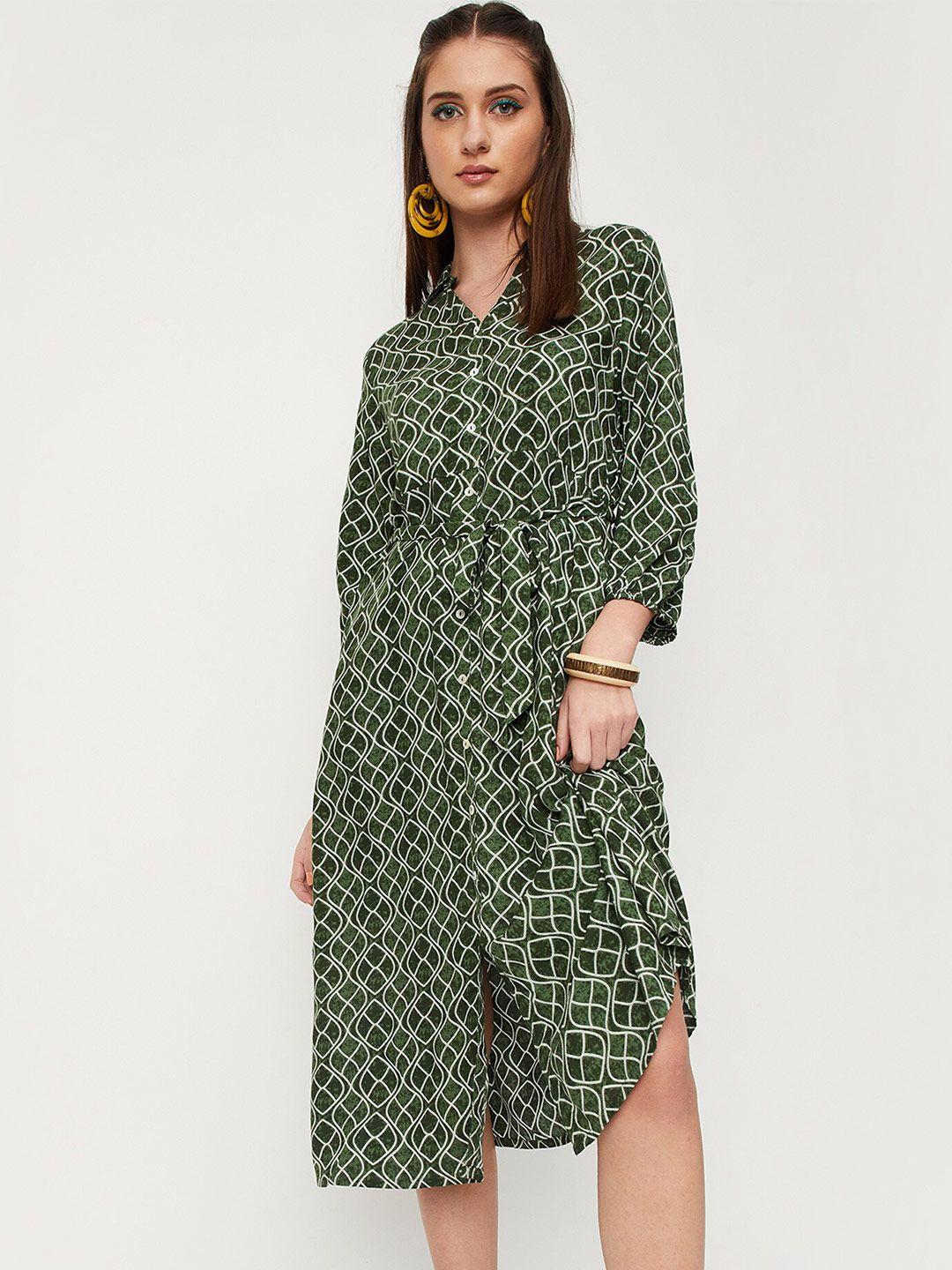 max printed puff sleeves midi shirt dress