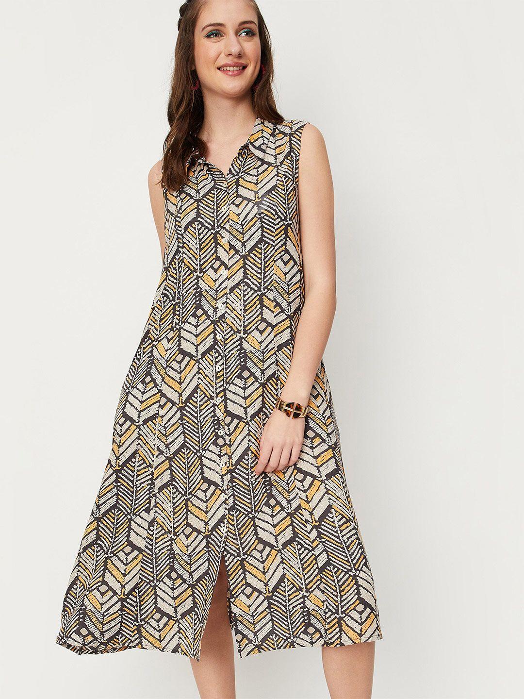 max printed sleeveless shirt collar a-line midi dress