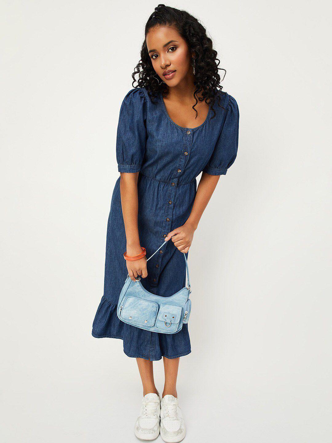 max puff sleeved pure cotton denim a-line midi dress