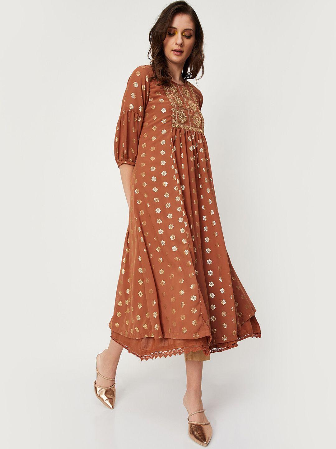 max round neck ethnic motifs foil printed sequined a-line kurta