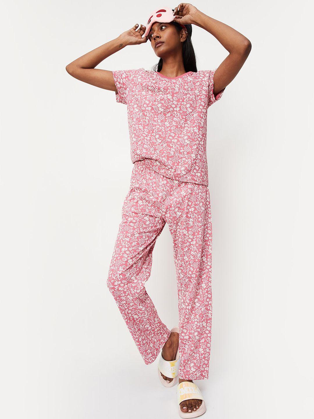 max round neck floral printed pure cotton night t-shirt & trousers