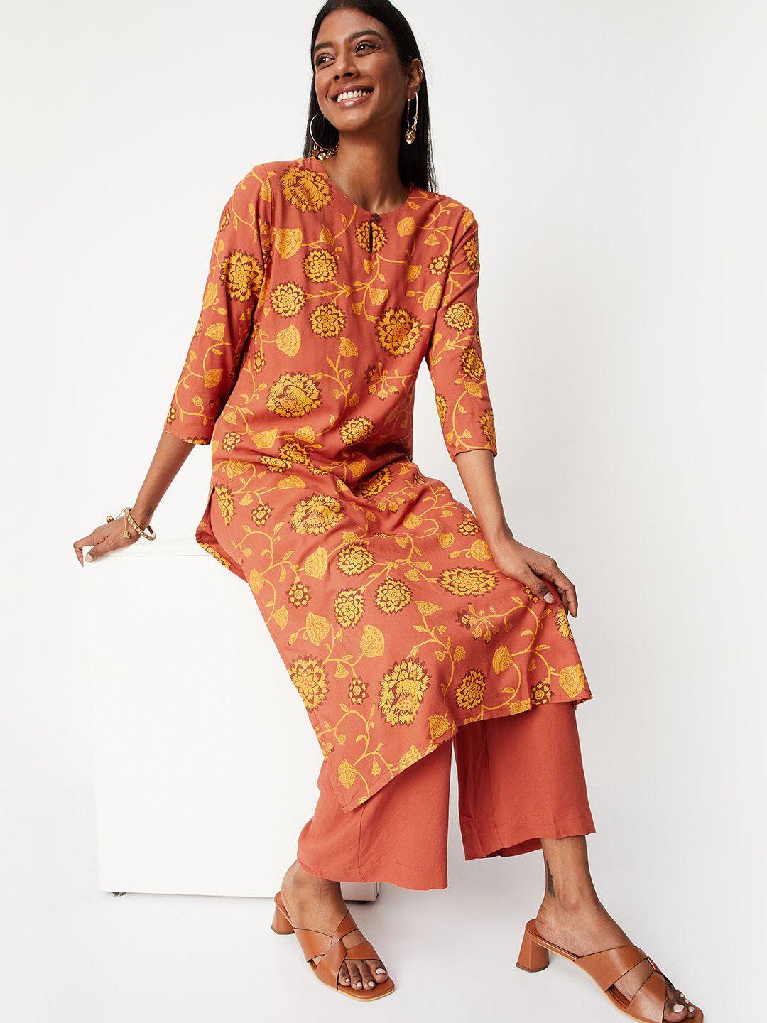 max rust floral printed kurta with palazzos