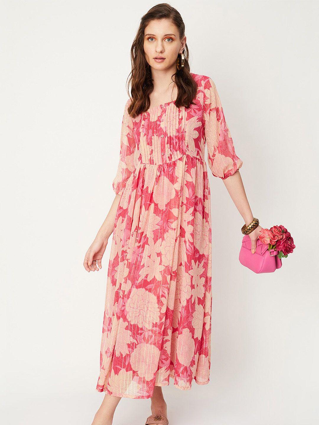 max square neck floral printed pleated fit and flare midi dress