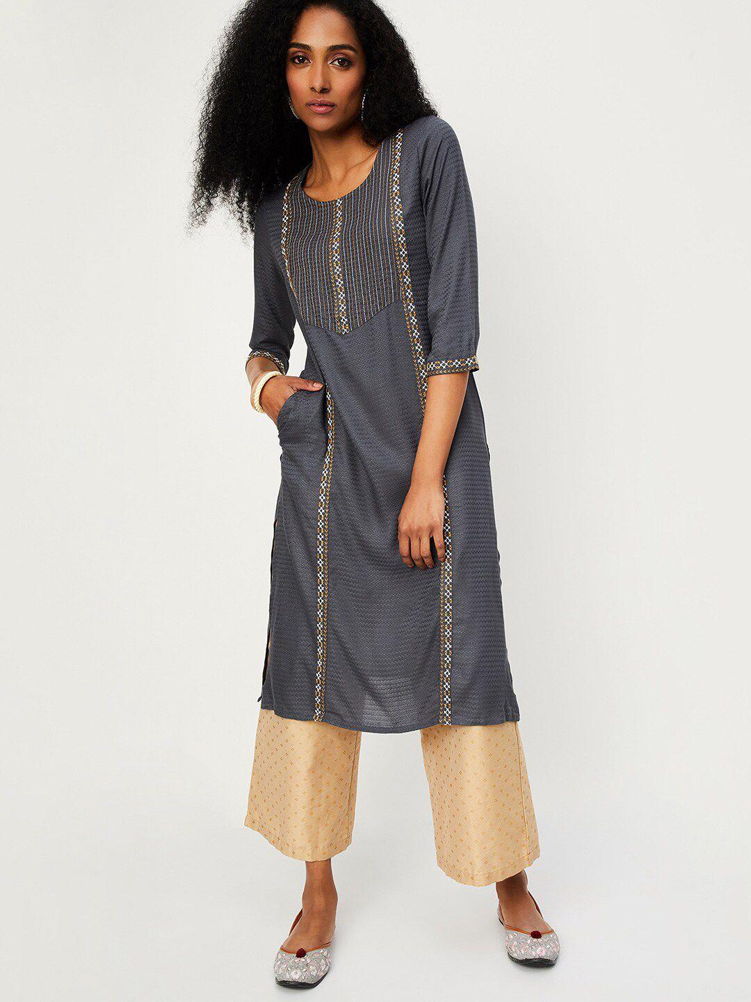 max striped woven design round neck straight thread work kurta